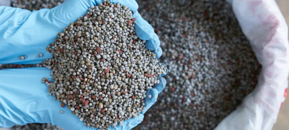 someone holding fertilizer in their hands, over a large bag of fertilizer